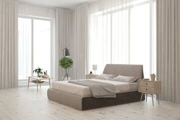 White bedroom concept. Scandinavian interior design. 3D illustration