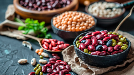 different varieties of beans and legumes. Selective focus.