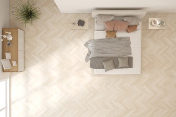 Top view of white bedroom concept. Scandinavian interior design. 3D illustration