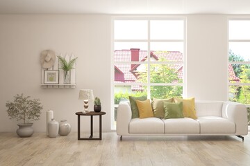 White living room with sofa. Scandinavian interior design. 3D illustration
