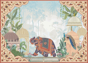 Mughal decorative garden with elephant and peacock frame illustration invitation