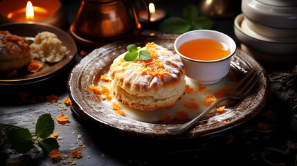 Cream cheese scone with orange jam on a dark background.