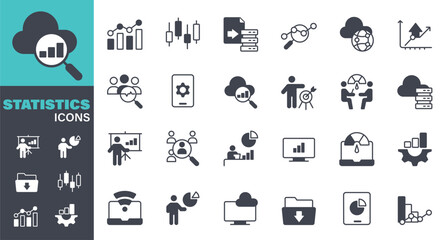 Statistics Icons set. Solid icon collection. Vector graphic elements, Business, Symbol, Chart, Data, Graph, Analyzing