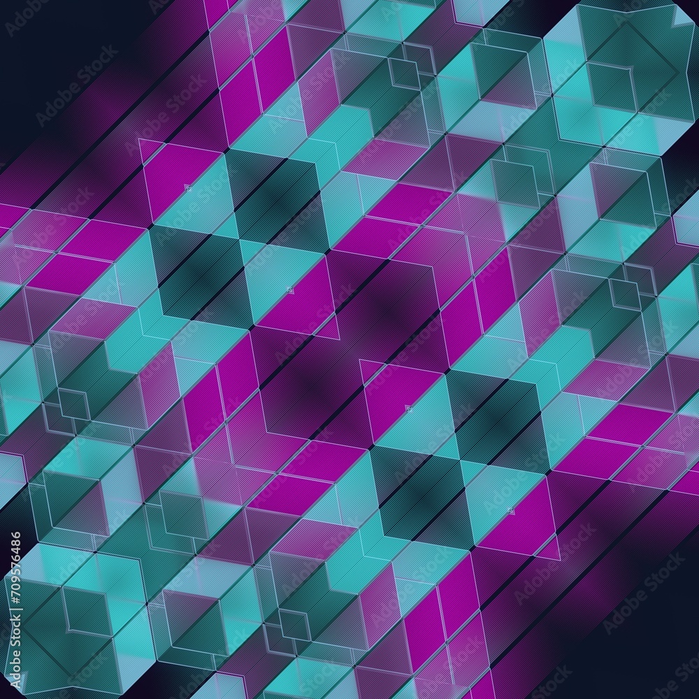 Poster digital illustration of a mosaic pattern in purple and blue. 3d rendering