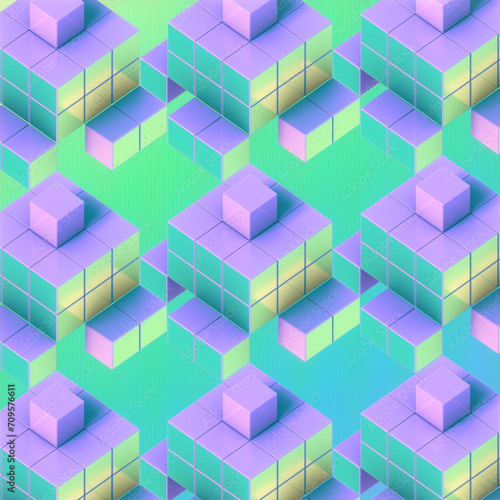 Poster digital illustration with a pattern of blue and purple squares. 3d rendering