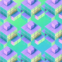 Digital illustration with a pattern of blue and purple squares. 3d rendering