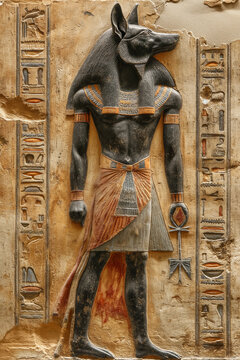 The Guardian of the Underworld - Anubis, Stone Relief Adorned with Hieroglyphs