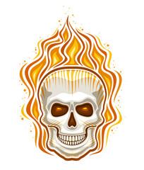Vector logo for Flaming Skull, decorative badge with illustration of horrible flamy skull with glowing eyes, retro cartoon design style of orange burning skull for motorbike decor on white background