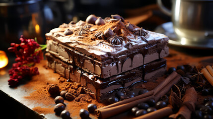 Fototapeta na wymiar Piece of cake with chocolate glaze on a white plate.