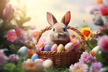 Fototapeta na wymiar realistic easter eggs rabbit basket of flowers on pastel garden background