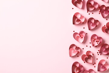 Saint Valentines Day flat lay composition with paper cut hearts and confetti on pink background....