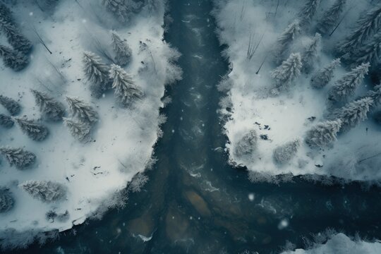 Aerial top view of snow winter road and river. Generate AI image