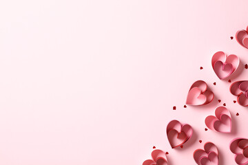 Top view St Valentines Day paper cut hearts with confetti on pink table. Flat lay. - Powered by Adobe