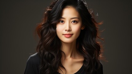Fototapeta premium portrait of happy young korean black hair woman on gray background.