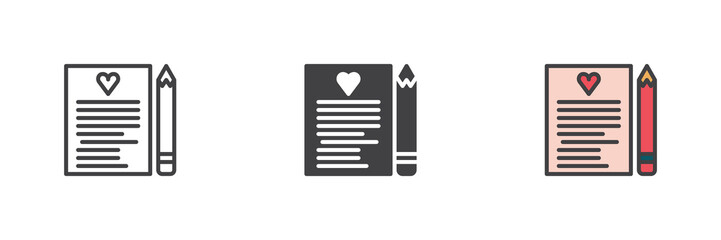Love letter with heart and pen different style icon set