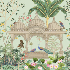 Traditional Mughal garden, peacock, arch, temple, lamp, bird vector illustration seamless pattern for wallpaper