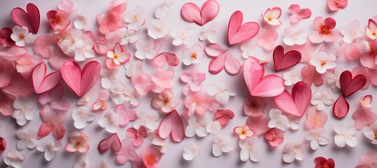 Pink flowers on blurred background for valentines, mothers, womens dayflat lay with copy space.