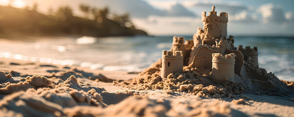 Close up photo of sand castle on the ocean beach on sunset. Summer kids holidays on the sea side, sea coast. Concept of summer vacation for postcard, banner, poster, advertisement with copy space. - obrazy, fototapety, plakaty