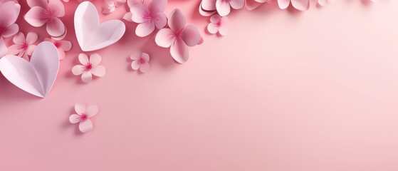 A charming arrangement of pink flowers and hearts on a pink backdrop, perfect for Mother's Day, Valentine's Day, Ai Generated.