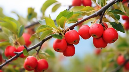 Obraz premium Red Apple fruit on the tree, Red apples ready to be harvested. Red apples in the apple orchard.