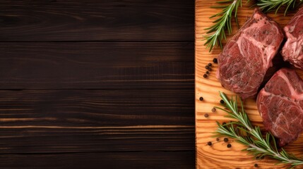 Tasty fried beef with rosemary served on a wooden table, viewed from above. Banner layout with room for text, Ai Generated.