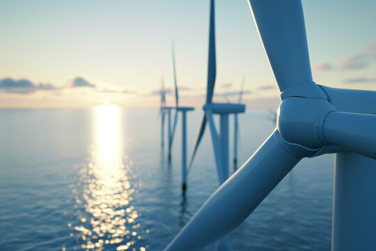 A close-up view of a group of oceanic wind turbines during the golden hour