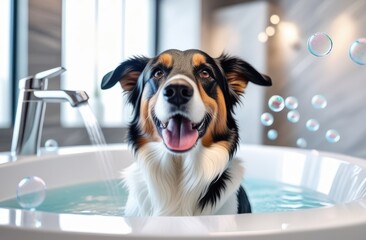 Joyful dog sitting in white bubble bath with flying soap bubbles. Spa, dog barber shop, grooming. A dog taking a shower
