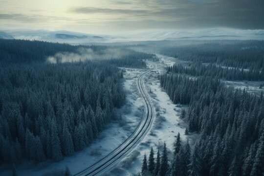 Aerial top view of snow winter road and river. Generate AI image