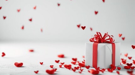 White gift box accompanied by festive red hearts on a white background, Ai Generated