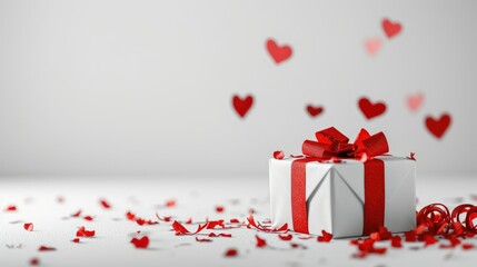 White gift box accompanied by festive red hearts on a white background, Ai Generated