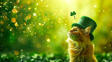 Image of kitten in green hat chasing shamrock　 - obrazy, fototapety, plakaty