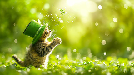 Image of kitten in green hat chasing shamrock　 - obrazy, fototapety, plakaty