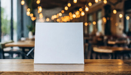 A frontal view of a blank white canvas stands on a wooden table in a cafe with a blurred background - Mockup - Product presentation