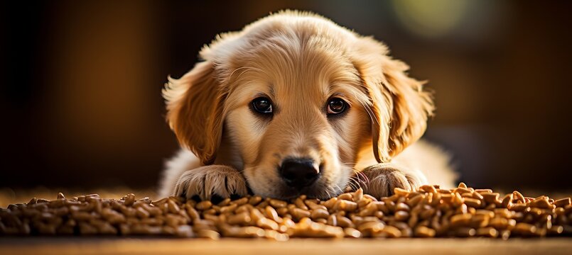 Adorable dog happily eating nutritious pet food from a bowl on a stylish round rattan carpet