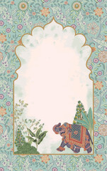 Mughal ethnic decorative floral arch with garden and elephant frame for invitation