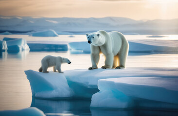 Polar bear and cub on an ice floe in the middle of the ocean. Melting iceberg and global warming. Climate change, environmental catastrophe, melting glaciers