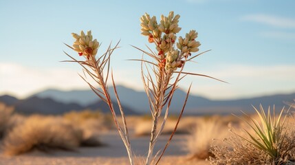Fototapeta premium The Yucca plant, with its tall flowering stalk, standing against the desert backdrop