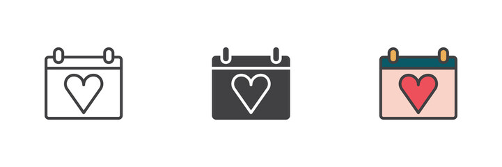 Calendar with heart different style icon set