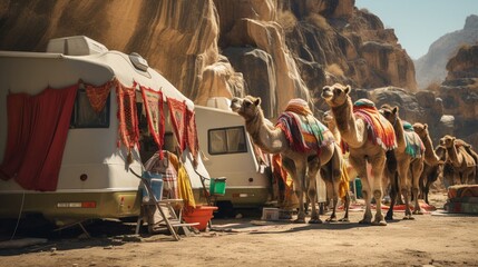 A caravan of camels adorned with vibrant fabrics navigating through a rocky desert canyon
