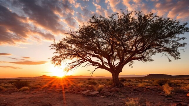 A panoramic view of a Mesquite tree silhouetted against the setting sun