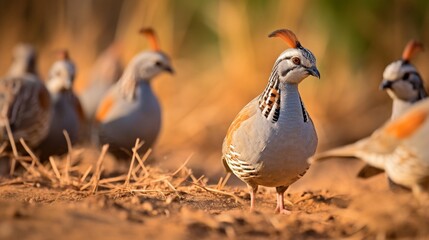 A group of Gambel's quail foraging for food in the sandy desert soil