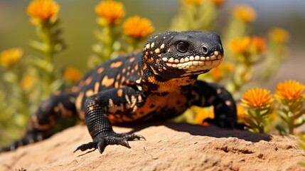 Fototapeta premium A Gila monster, one of the few venomous lizards, basking in the sun