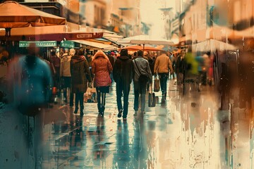 People walking on the street on a rainy day. Generative AI.
