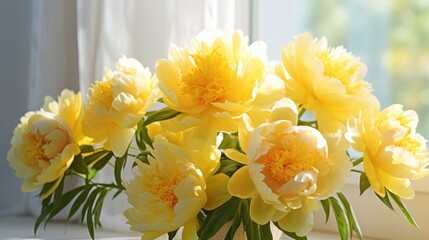 Naklejka na ściany i meble A bouquet of yellow peonies in a vase on the windowsill for congratulations on Mother's Day, Valentine's Day, Women's Day. Romantic background and greeting card.