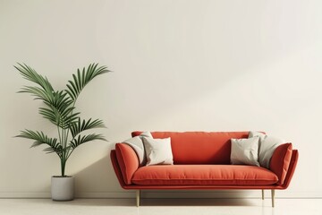 Red modern sofa and home potted plant near on a plain light-color background, front view. AI generative