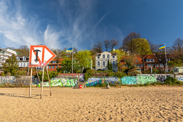 Typical houses at the waterfront and city beach at the Elbe River in Hamburg, Germany