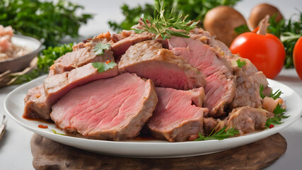 fresh mutton in white plate side view, white background