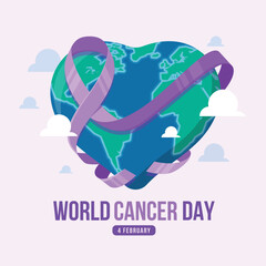 World cancer day - Lavender cancer ribbon roll waving world globe with heart shape vector design