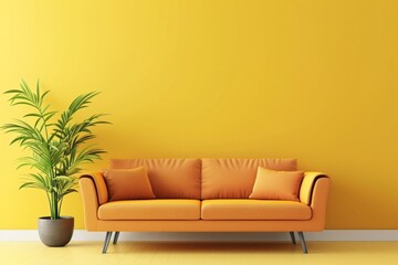 Orange modern sofa and home potted plant near on a plain yellow background, front view. AI generative