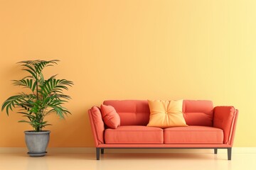 Fototapeta premium Orange modern sofa and home potted plant near on a plain yellow background, front view. AI generative